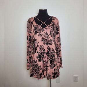 Pink Blush Floral Tunic Top Long Jersey Knit Long Sleeve Boho Indie Gypsy Large